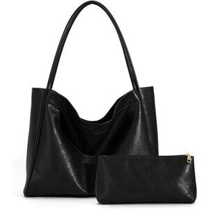 Black Tote Bag for Women 2Pcs Large Casual PU Weekender Bag Soft Vegan Leather